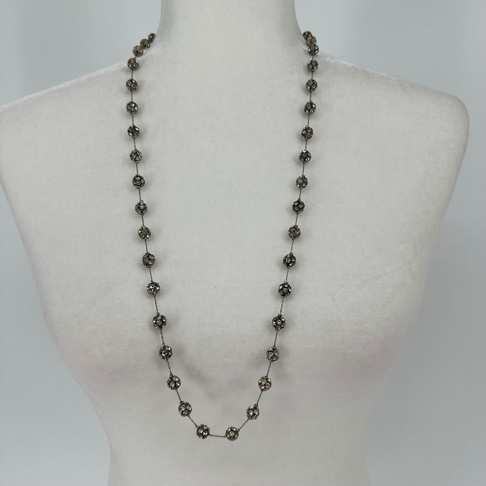Silver Toned Crystal Disco Ball Station Long Necklace Glam Retro